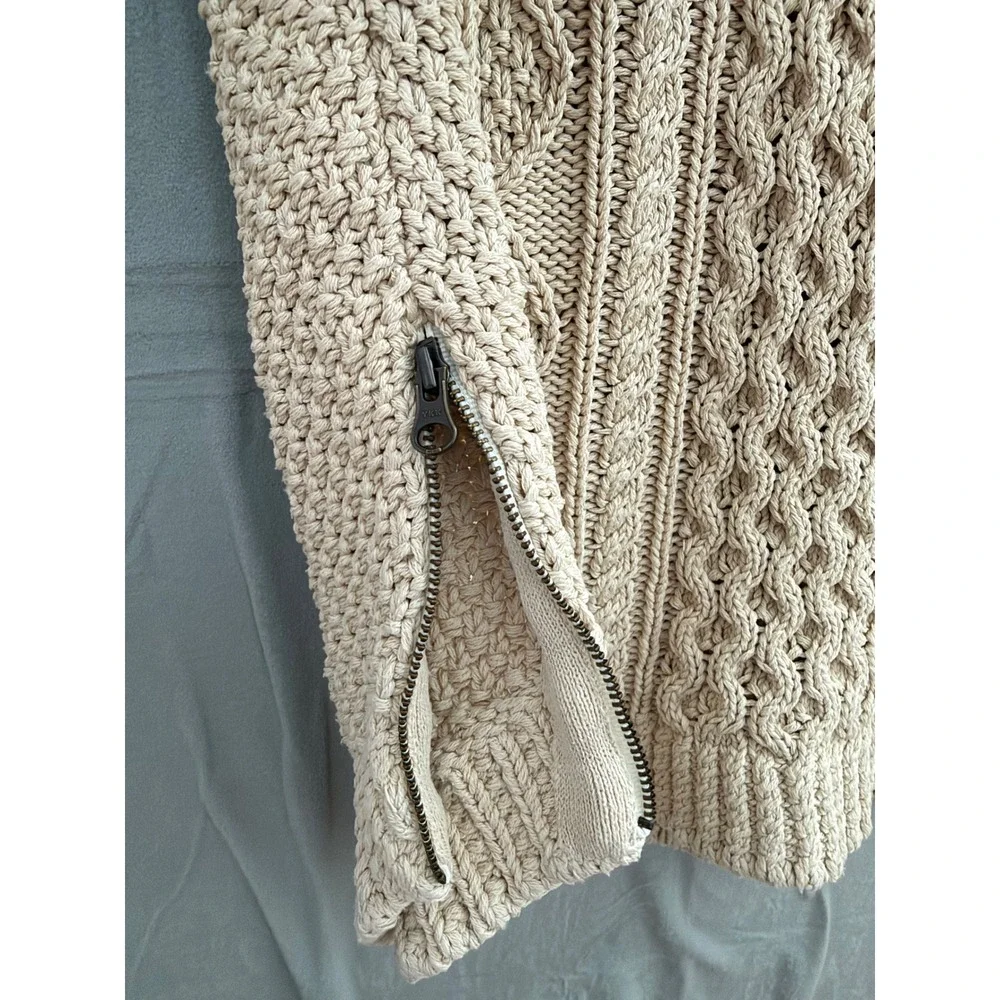 LL Bean Signature Fishermen Cable Knit Sweater Women L Cream Cottagecore Zipper